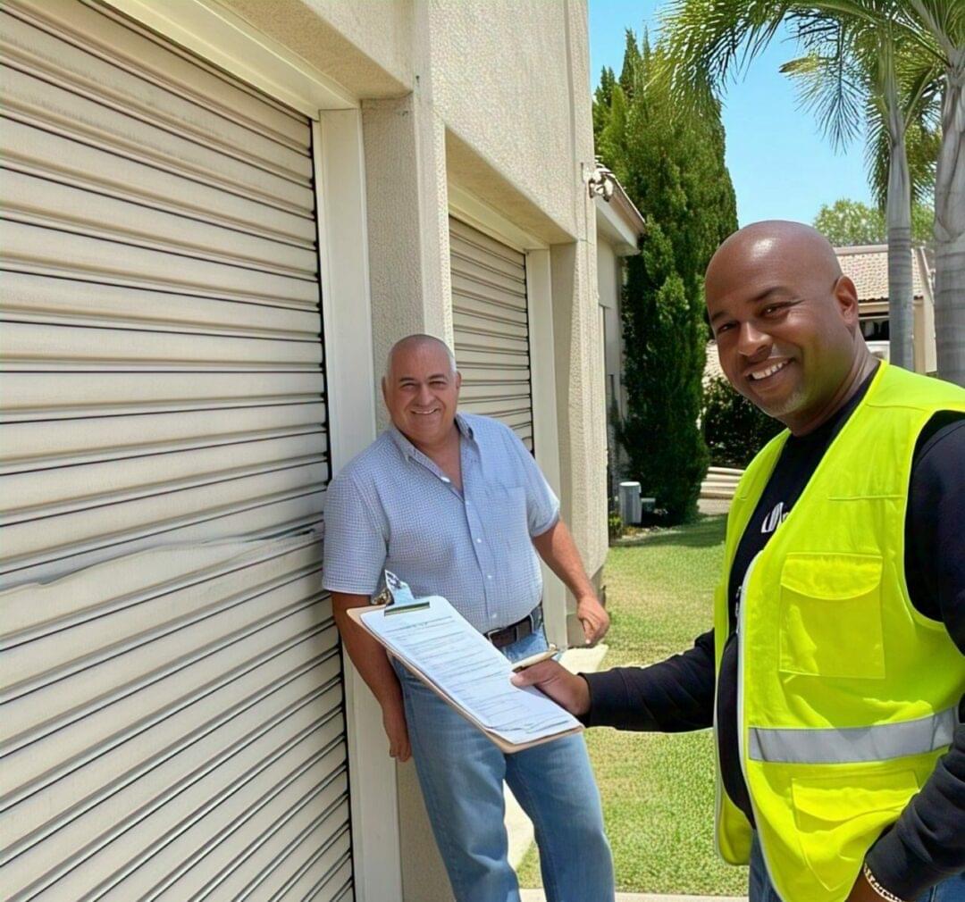Expert Garage Doors technician consulting with happy homeowner about garage door installation.